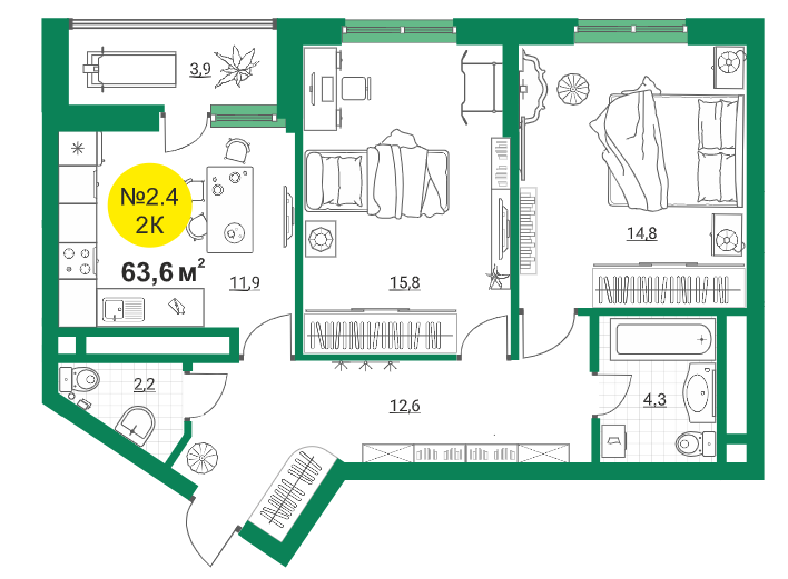 Планировка просторной двухкомнатной квартиры в iTower — pr-flat.ru